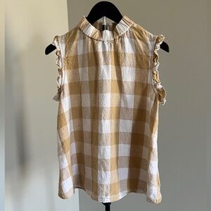 Who What Wear Sleeveless Ruffle Neck Beige & White Gingham Top - Size Small